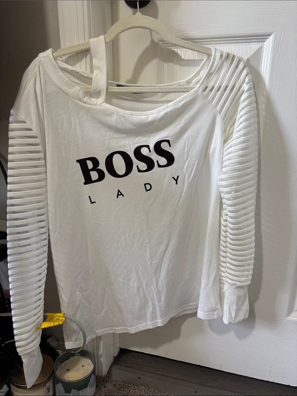 CBR White 'BOSS LADY' Long Sleeve Ribbed-Sleeve Tee